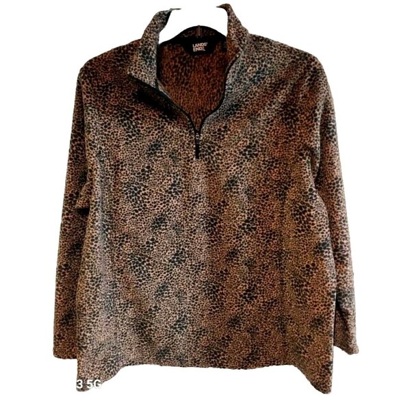 Lands End Womens 1/4 Zip Leopard Print Fleece Pullover Size 1X Classic Cozycore - Picture 1 of 7